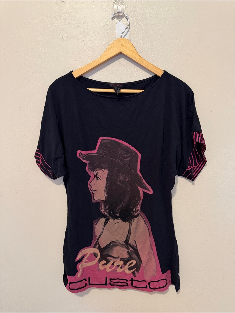 Black Short-Sleeve Graphic Tee with Pink Illustration - Women